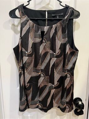 White House Black Market Black Blouse with Metallic Print Accents